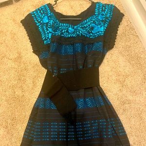 Hand Made Turquoise Blue Embroidered Black Dress